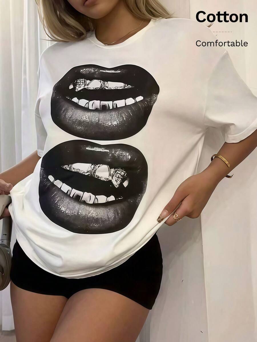 Ribbed cotton women's t-shirt, personalised lip print, college style spring and summer new sports women's clothing, drape fashion soft breathable women's white short sleeve tops