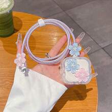 5pcs/Set Blue & Pink Ipomoea/Butterfly/Cupid Protective Cases Compatible With Apple 20W UK Charger, Fast Charging 15/16 Data Cable