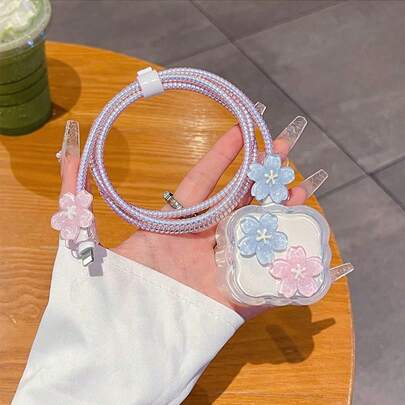 5 قطع/مجموعة أغلفة واقية متوافقة مع شاحن 20 وات أبل الخاص بالمملكة المتحدة، كابل بيانات سريع الشحن 15/16 بألوان أزرق وزهري مزينة برسومات أزهار الصباح وفراشات وكيوبيد