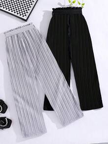 Bộ 2 quần ống rộng thường ngày cho bé gái, gồm quần cạp chun xếp ly màu trơn có thắt lưng phù hợp, quần dài co giãn mềm mại thoải mái phong cách phù hợp cho mùa xuân/thu, trang phục mặc mùa thu cho bé gái tuổi mới lớn - Nhiều màu - Xem 2