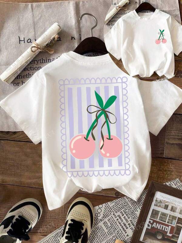 Fruit Cherry grafische T-shirt, strepenprint, dameskatoen Ronde hals losse korte mouwen casual top, normale lengte Op vakantie gaan, streetwear