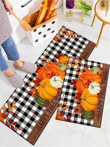 1pc Silicone Mud Kitchen Mat, Black & White Plaid With Multicolored Pumpkin & Autumn Leaf Pattern, American Countryside Style, Shock-Absorbing Anti-Fatigue Kitchen Mat, Approx 3mm Thick, Water-Absorbing, Simple Silicone Rubber Mat For Kitchen, Bathroom, Entryway, Laundry Room, Etc. - Multicolor - View 3
