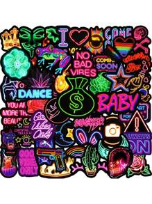 50pcs Set Cute Anime Neon Stickers, Aesthetic DIY Scrapbooking, Stationery, Guitar, Luggage, Decorative Stickers, Fun Doodle Stickers School Supplies,Back To School