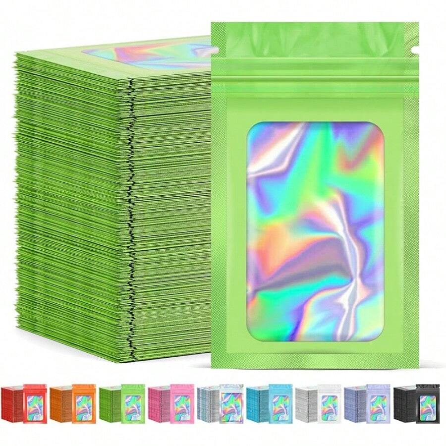 2025100 Pcs Smell Proof Bag, Zip Lock Mylar Bags With Clear Window, Resealable Holographic Bag For Gift, Jewelry, Snack, Candy, Treat, Small Business Packaging Bags, Small Goody Baggies (4x6in) - 綠色 - 查看 1