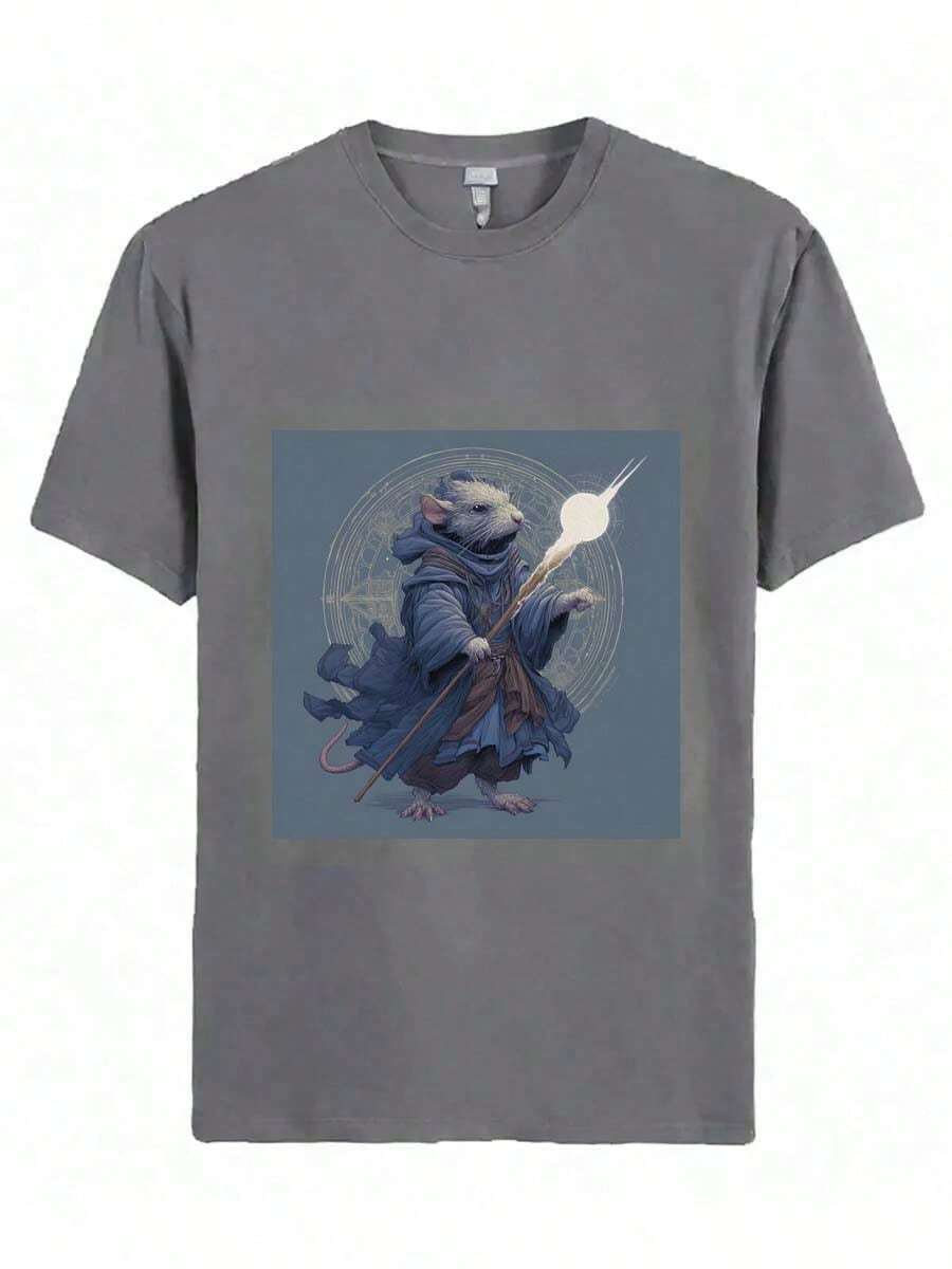 Men's Popular Cotton DIY T-Shirt A Wizard Rat Holding A Glowing Staff. - Grey - View 1