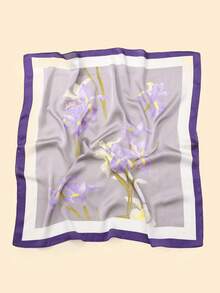 1pc Elegant Versatile Imitation Silk Scarf, Purple Orchid Pattern - Violet Purple - View 10