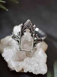 1pc Vintage Copper Silver Color Hollow Cathedral Geometric Open Ring, Suitable For Women For Daily, Party And Casual Wear - 復古銀色 - 查看 12