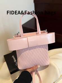 时尚女士水桶手提包，全新纯色 PU，波浪条纹和蝴蝶结装饰，磁扣，可调节肩带，大容量，适合旅行、购物、约会 - 优雅钱包