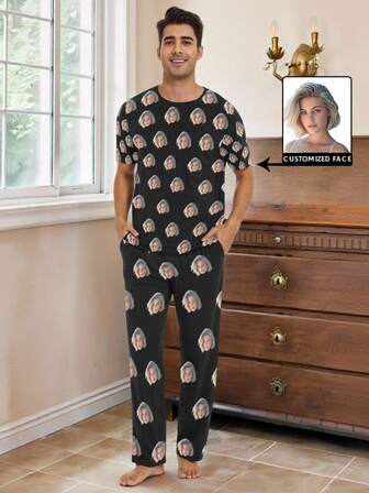 [DIY] Conjunto de pijama de manga corta personalizado para hombres, personalizado con foto de retrato, regalo novedoso, reemplazo de foto/retrato de cabeza grande, tela ligera, transpirable y de secado rápido, cómoda, regalo para amigos/pareja/amante, fiesta/cumpleaños/Navidad