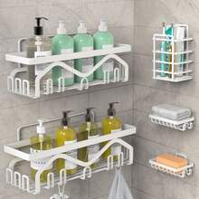 5 Pcs-Shower Caddy, Bathroom Shower Organizers, Black Shower Shelves For Inside Shower, Stainless Steel Wall Rack Baskets Adhesives Mounted Baskets, Bins & Containers Back To School - White - View 1