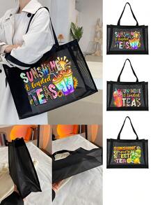 大容量网眼托特包沙滩包，夏日海滩活力海星图案，大容量沙滩包，适合海滩度假收纳和购物，适合少女、女大学生、教师节礼物、节日礼物、妈妈礼物