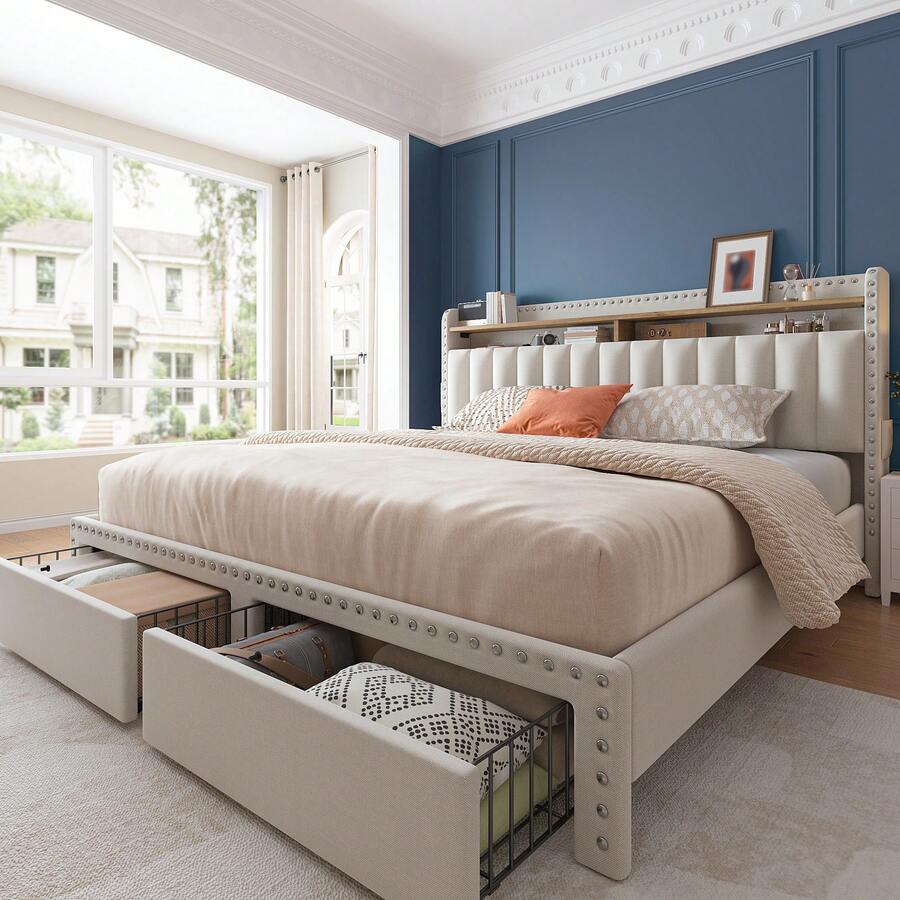 EnHomee Queen/King Bed Frame With 2-Tier Storage Headboard & 2 Storage Drawers, Upholstered Platform Bed Frame , Sturdy Wooden Slats Support, Noise-Free, No Box Spring Needed, Beige - 米色 - 查看 1