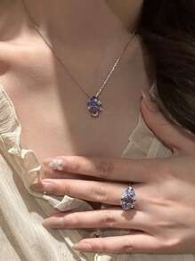 Set de 2 piezas (se pueden seleccionar individualmente) - Collar y anillo vintage de lujo con racimos de glicinia morada de Monet y cristales engarzados, elegante para uso diario, fiestas, bodas y como regalo para mujeres