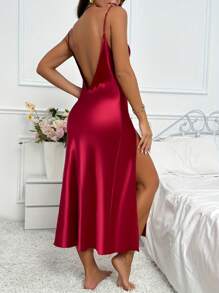 1pc Women's Elegant Solid Color Slip Dress With Slit, Sexy Spaghetti Strap, Lightweight And Soft Sleepwear For Homewear, Vacation
