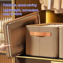 2025 Best Selling New 1PC Khaki Foldable Non-Woven Fabric Storage Basket With Cloth Handle, Suitable For Living Room Toy Storage, Bedroom Wardrobe Clothes Storage
