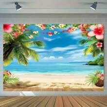 1pc Vibrant Hawaiian Beach Backdrop - Tropical Flower Palm Design, Durable Polyester Material, Perfect For Indoor & Outdoor Photography, Hawaiian Party Theme Decorations, Multipurpose Use