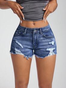 Jeanoix Ripped Raw Trim Slant Pocket Casual Denim Shorts - Medium Wash - View 4