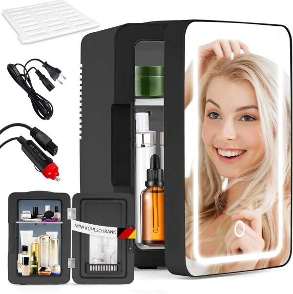 GBLY Mini Kühlschrank Fridge 6L - Kühlschränke Klein 12V 230V Läuft Leise mit Spiegel&LED-Beleuchtung - Skincare Kühlschrank für Kosmetik Schönheitspflege-Kosmetik Kühlschrank Ideal für Auto (Schwarz)