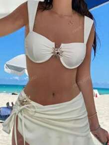 Conjunto de traje de baño de 3 piezas con top tipo tankini de unicolor, diseño de tirantes anchos con aros para un soporte cómodo, estilo de playa fashionable, perfecto para fiestas de playa y piscina en verano