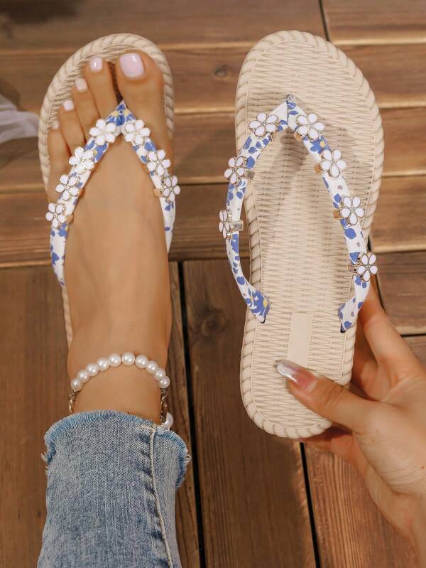 Women's Fashion Floral Decorated Beach Sandals, Summer Comfortable Non-Slip Flip Flops, Blue