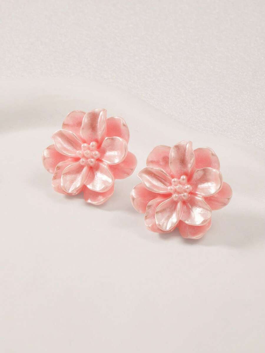 1 Pair Elegant French Chic Pink Camellia Flower & Pearl Earrings, Summer