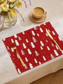 1 pieza Camino de mesa impreso con patrón de árbol de Navidad, 4/6/8 piezas Individuales impresos con patrón de árbol de Navidad, adecuados para fiestas, cumpleaños, cenas, cocina, comedor, decoración del hogar y la habitación para todo el año, decoración de mesa
