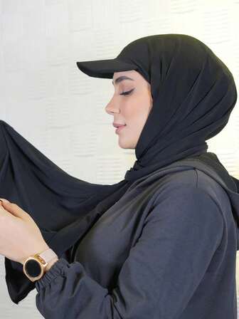 1 件纯色穆斯林女士平纹头巾，配有长棒球帽，适合日常使用。