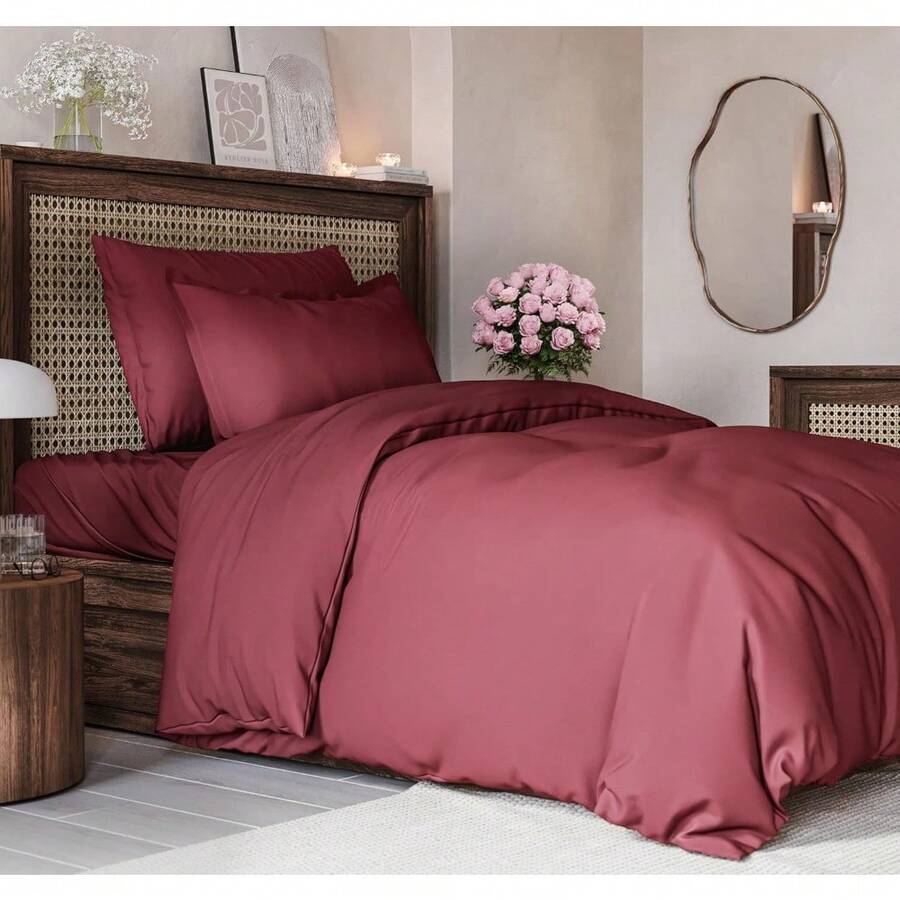 Cover Queen Size Set - Extra Soft Queen Size Duvet Cover 90 X 90 With 2 Pillow Shams - Hotel Luxury Easy Care And Fade Free W/ Zipper Closures & Ties - Breathable Bedding Set (Light Sage Green) - 28 - 勃根地酒紅(無棉被) - 查看 1