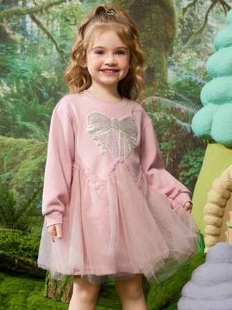 ASK JUNIOR Young Girls' Mesh Patchwork Princess Dress, Girls Round Neck Long Sleeve Mid-Length Dress