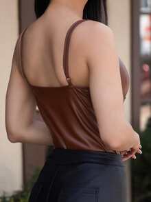 Carolina Barros Solid PU Leather Casual Fashion Cami Bodysuit - Coffee Brown - View 9