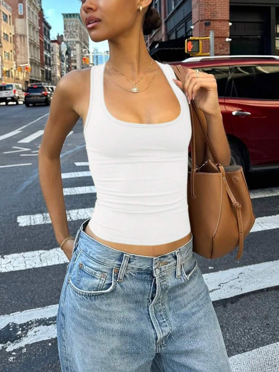 Áo tank top crop top nữ màu trắng trơn, dáng ôm, thích hợp cho mùa xuân hè, phong cách đường phố, đi nghỉ mát, gợi cảm. - trắng - Xem 1