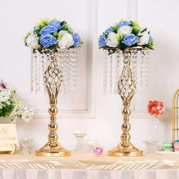 2PcsGold Centerpieces Table Tall Crystal Flowers Stand Wedding Road Lead Flower Holders Crystal Chandelier Metal For Reception Tables Supplies