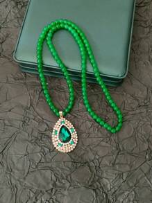 Elegante y lujoso collar de cadena larga con colgante de gota de cristal sintético y rhinestones, accesorio apropiado para suéter, fiesta y ocasión en cualquier temporada
