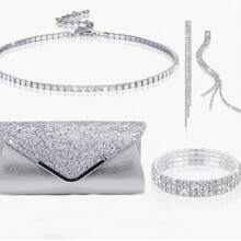 4 Pieces Women Rhinestone Jewelry Set Bling Necklace Earrings Bracelets Set For Wedding Clutch Purses Bag For Women Evening Bag Bling Glitter Elegant V-Shaped Flap Envelope Clutch Bag Wedding Party Bridal Purse