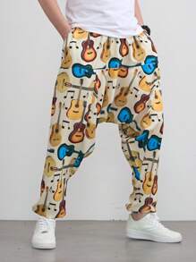 Pantalones harem sueltos de moda con gráfico de guitarra para hombres, uso casual diario, estilo hip hop y rock