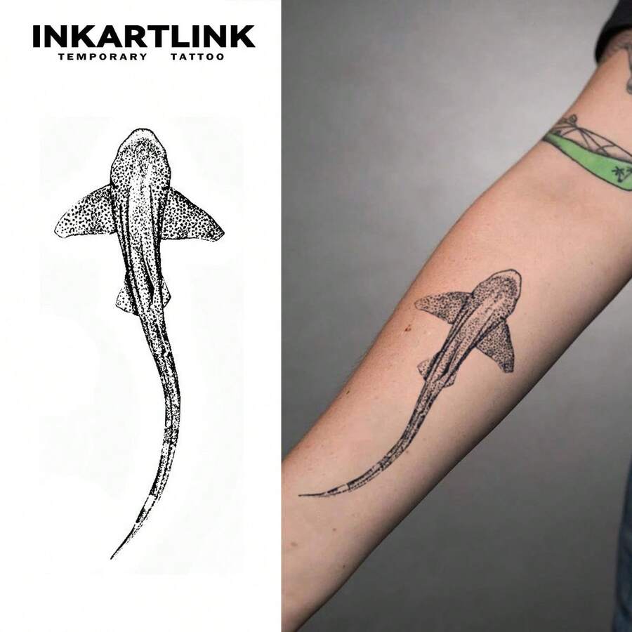 Pegatinas de tatuaje de tiburón dinámico INKARTLINK, diseño geométrico de olas oceánicas minimalistas, tatuaje temporal impermeable que dura 1-2 semanas - Negro - Ver 1