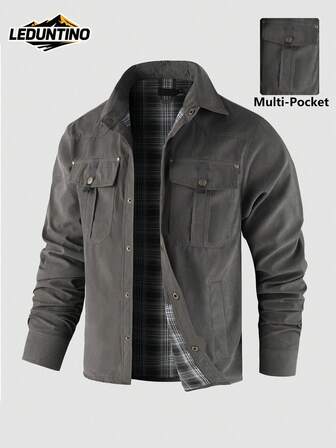 LEDUNTINO [Spring/Summer] Men's Fashion Cargo Jacket, Sports, Solid, Plaid Design, Long-Sleeved, Men's Spring/Fall Shirt, Lapel, Button, Flap Pockets, Fashionable And Versatile, Perfect For Outdoor And Commuting, Ideal Gift For Boyfriend Or Husband