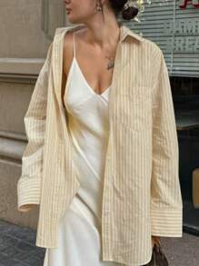 Camisa casual de mujer de rayas con estampado de limón fresco amarillo, con bolsillos, simple y fresca, adecuada para ir al trabajo o paseos casuales a principios del otoño, con estilo callejero de moda