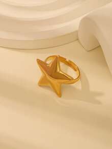 1 件 18K 镀金不锈钢几何 3D 五角星开口戒指，高品质防过敏防水戒指，时尚女士日常佩戴珠宝 - 金黃色 - 查看 2
