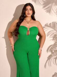 女士加大码春夏露肩连体裤，适合度假，时尚外出装，绿色节日装饰的关键季节性单品