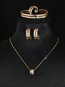 4 pièces/set Bijoux pour femme à la mode avec motif nid d'abeille, comprenant une bague, un bracelet, des boucles d'oreilles et un collier. Convient pour un port quotidien et pour des cadeaux de fête