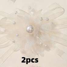 2 Pieces Elegant Black Floral Pearls Detachable Shoe Clips With Ruffle Net Bowknot Twist Design, Suitable For Wedding And Party High Heels, Shoe DIY Accessories
