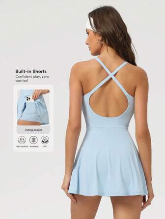 Sodalemon 女士交叉后背健身健身房无袖训练户外网球裙套装露背内衬跑步休闲瑜伽运动连衣裙