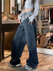 高腰渐变拼接撞色宽松复古阔腿及地牛仔裤 - 復古藍 - 查看 3