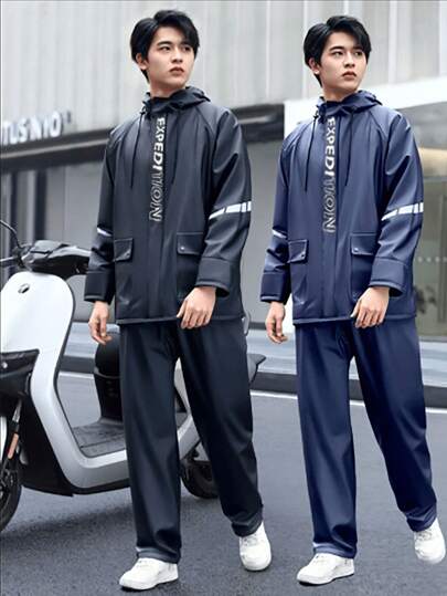 1pc Men's Waterproof Motorcycle Raincoat And Pants Set - Hooded PVC Material, Sport Style, Hand Washable, Letter Printed Raincoat Rain Pants Set Wholesale Women's Takeaway Reflective Waterproof Labor Insurance Split Riding Raincoat Electric Car Raincoat