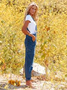 Women's Solid Color Pocket Distressed Slim Waist Denim Overalls - Medium Wash - View 3