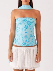 Women Y2K Sequin Tube Top With Neck Scarf Sparkly Floral Bandeau Cami Pearl Embellished Glitter Rhinestone Going Out Shirt - 藍色 - 查看 1