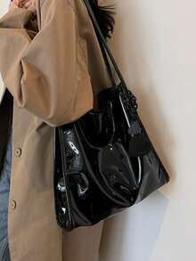 Yogodlns Túi Tote Da Sáng Bóng Thời Trang Màu Trơn Túi Đeo Vai Dung Tích Lớn Túi Bucket Túi Đeo Dưới Cánh Tay Cho Sử Dụng Hàng Ngày - màu đen - Xem 5