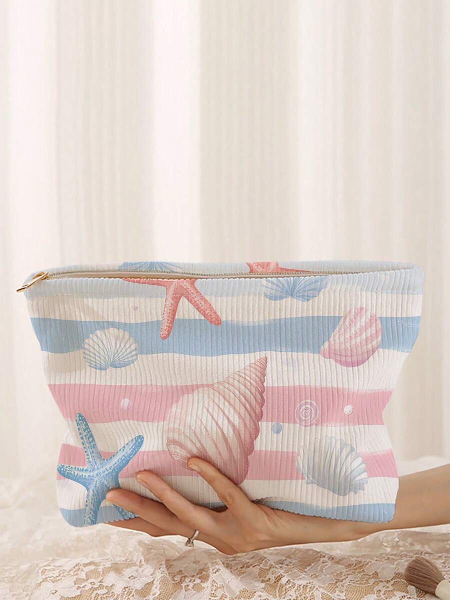 1pc Portable Seashell & Starfish Print Double-Sided Zipper Makeup Bag, Multifunctional Cosmetic Organizer Pouch For Travel,Fall Decor,Autumn Decor,Room Decor - Multicolor - View 1