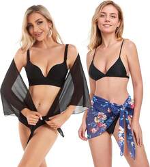 CHICGAL 2 Pieces Women Beach Sarong Bathing Suit Wrap Skirt Sheer Bikini Swimsuit Cover Ups Swimwear - 黑色和粉紅色海軍藍 - 查看 5